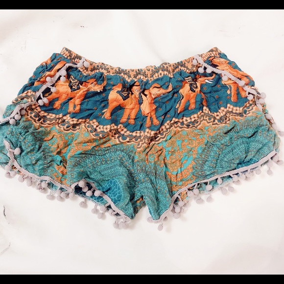 Thai Retro Blue Orange Elephant Shorts - Picture 1 of 4